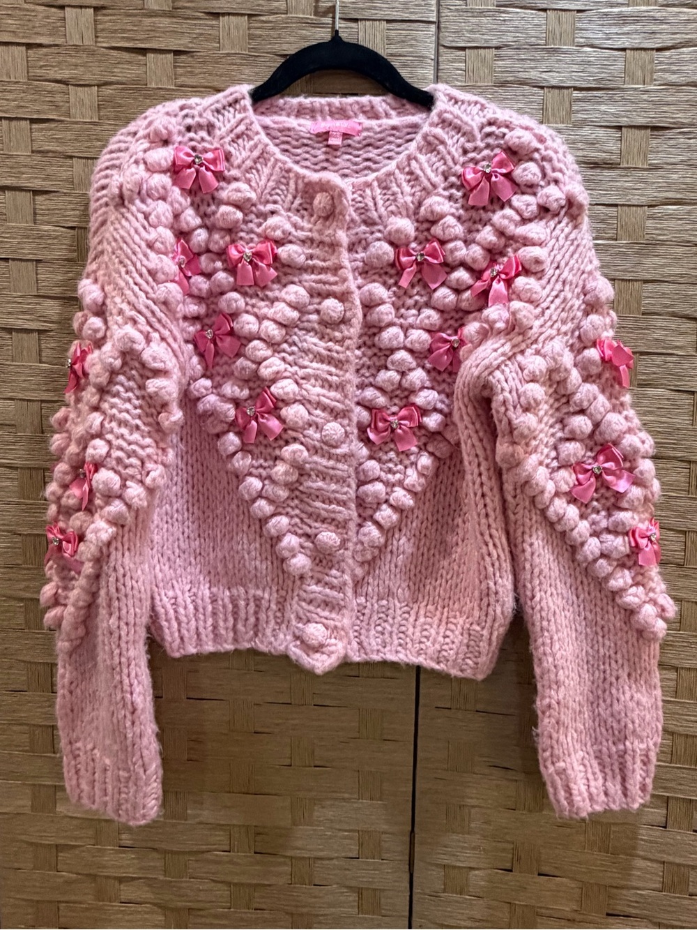 DollsKill Sugar Thrillz Pink Cardigan with Bow Rhinestone Details Size XS